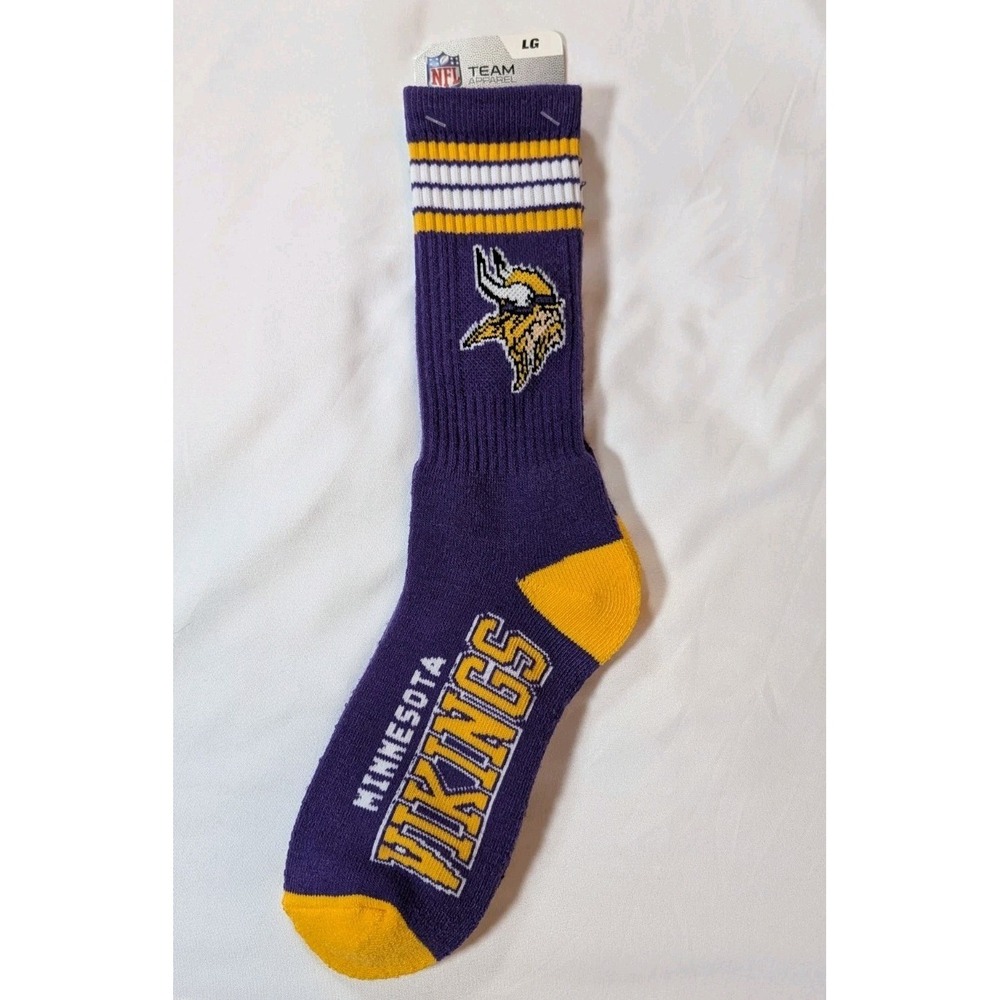 Minnesota Vikings NFL 4-Stripe Deuce Crew Socks Large 10-13 FREE SHIP!